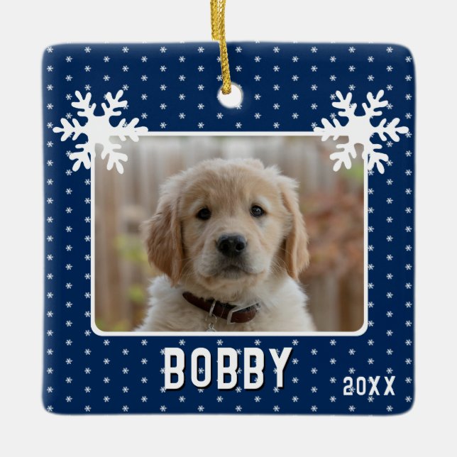Hund Foto Snowflakes Blue Pet Name Weihnachten Keramikornament (Vorderseite)