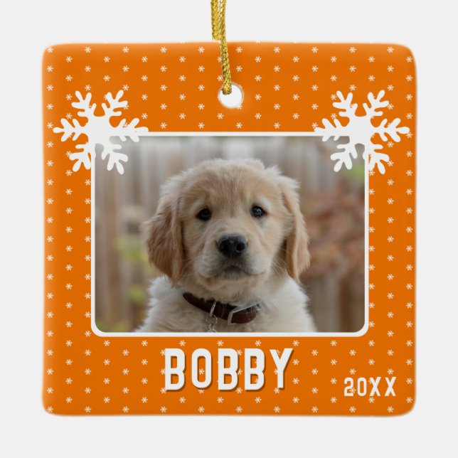 Hund Foto Snowflakes Orange Hausname Weihnachten Keramikornament (Vorderseite)