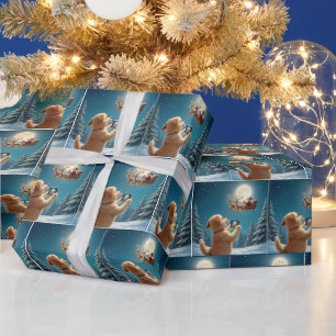 Hund fotografiert den Weihnachtsmann im Schlitten Geschenkpapier