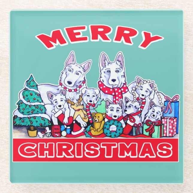 Hund frohe Weihnachten White Shepherd Holiday GSD  Glasuntersetzer (Vorderseite)