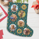 Hund für Heimtiere benutzerdefiniertes Retro-Muste Kleiner Weihnachtsstrumpf<br><div class="desc">Dekorieren Sie Ihre Zuhause und verwöhnen Sie Ihr Lieblingstier mit diesem niedlichen Haustier-Foto-Collage und monogramm Weihnachtsfeiern im grünen Schneeflockhintergrund. 12 Fotos, 6 auf jeder Seite, für alle Ihre Jahre Lieblings-Fotos und Erinnerungen. Sie können ein Foto machen, um jeden Monat des Jahres zu feiern, oder nur Ihre Lieblings-Fotos. Perfekt für Hunde...</div>