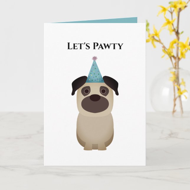 Hund Happy Birthday Card, Let's Pawty Mops Karte (Gelbe Blume)