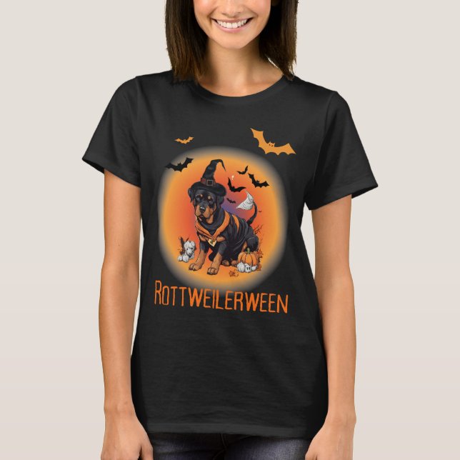 Hund Hexe Rottweiller Halloween T-Shirt (Vorderseite)