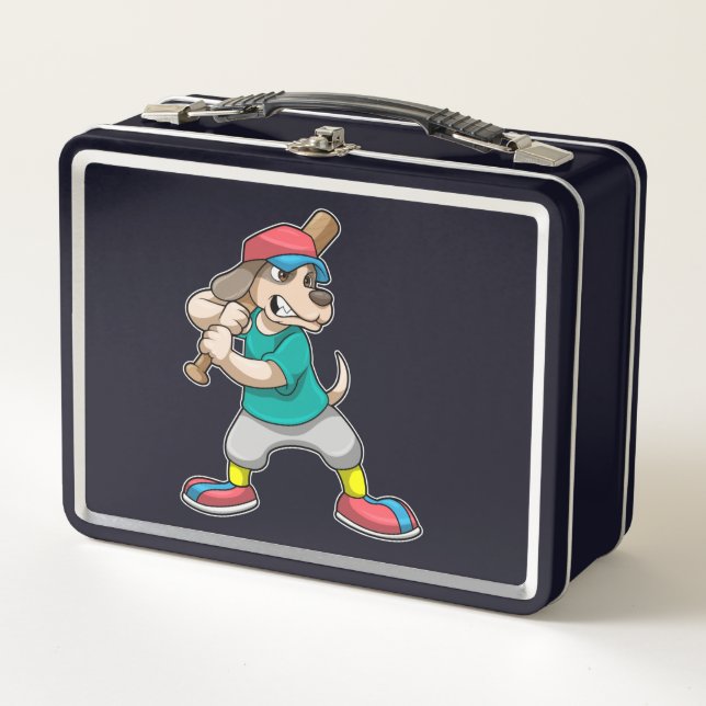 Hund im Baseball mit Baseballschläger Metall Brotdose (Vorderseite)