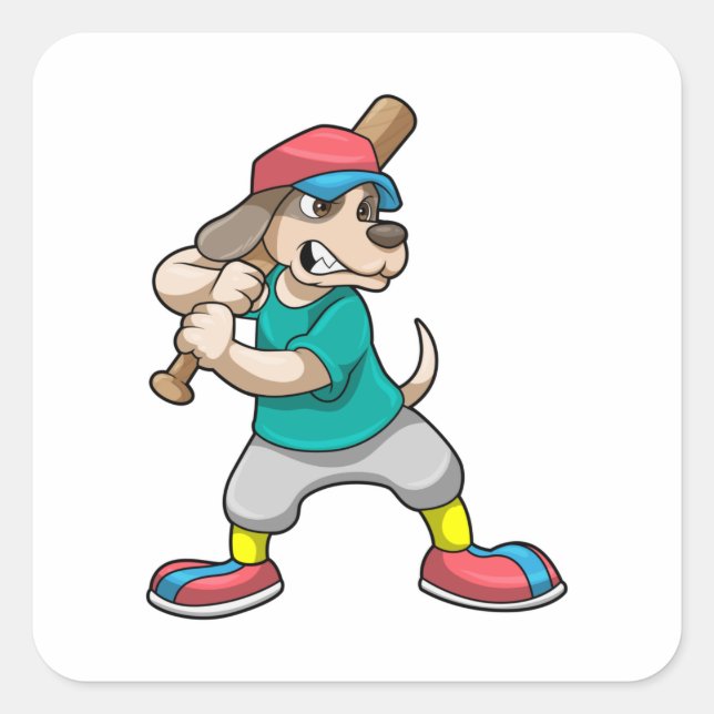 Hund im Baseball mit Baseballschläger Quadratischer Aufkleber (Vorderseite)