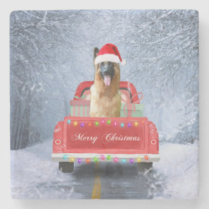 Hund im Schnee, der in Weihnachten sitzt Steinuntersetzer