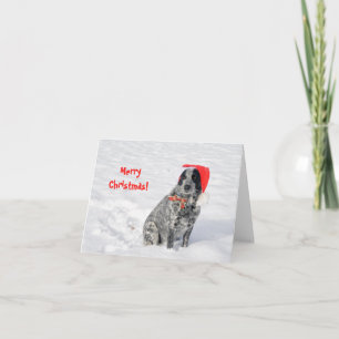 Hund im Schnee in Santa-Mütze mit Frohe Weihnachte Karte