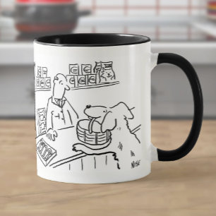 Hund im Zoohandel mit Einkaufskorb Tasse