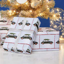 Hund in Altwagen mit Weihnachtsbaum Geschenkpapier