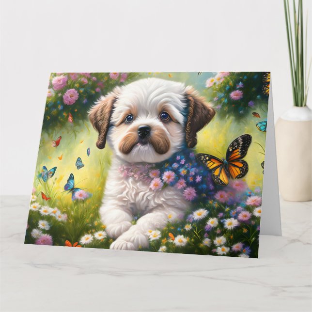 Hund in Blumenwiese mit Schmetterlingen Karte (Vorderseite)
