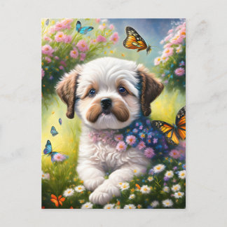 Hund in Blumenwiese mit Schmetterlingen Postkarte
