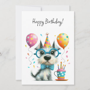 Hund in Brille und Partyhut zum Geburtstag Karte