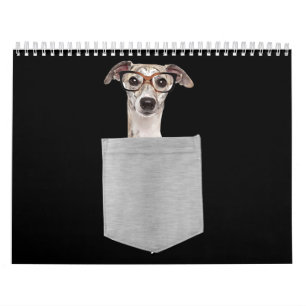 Hund in der Tasche Windhund mit Brille auf Kalender