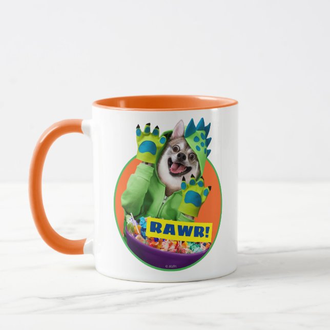 Hund in Dinosaur-Kostüm Tasse (Links)