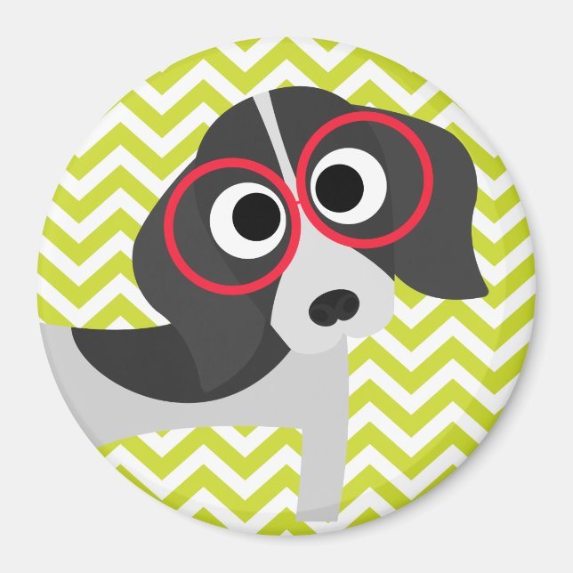 Hund in Gläser Green Zickzack Stripe Muster Magnet (Vorne)