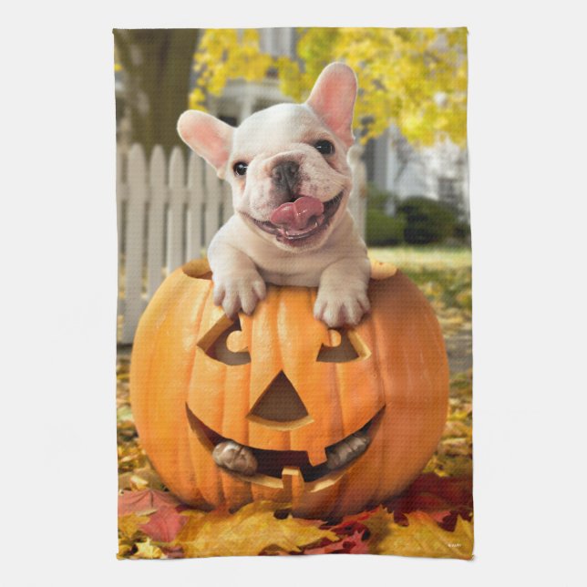 Hund in Jack-o-Lantern Geschirrtuch (Vertikal)