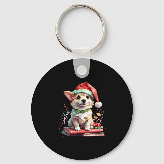 Hund in Weihnachtshut mit Büchern - Ein perfekter  Schlüsselanhänger (Vorderseite)