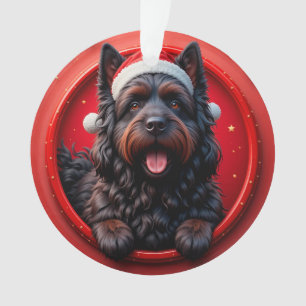 Hund in Weihnachtsmannmütze umgeben von Weihnachte Ornament