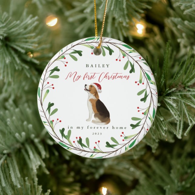 Hund ist mein erstes Weihnachten mit Name Beagle Keramik Ornament (Baum)