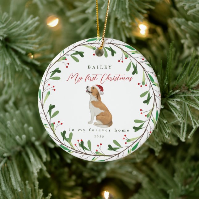 Hund ist mein erstes Weihnachten mit Name Beagle Keramik Ornament (Baum)