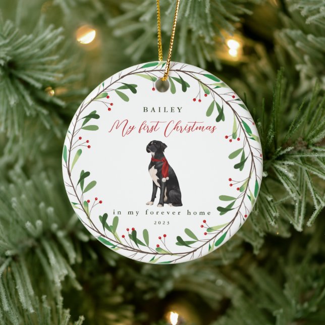 Hund ist mein erstes Weihnachten mit Name Black Bo Keramik Ornament (Baum)