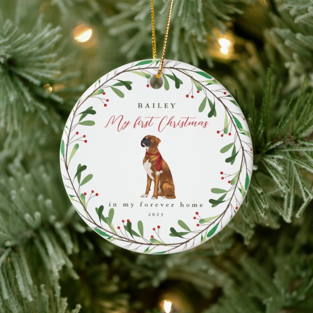 Hund ist mein erstes Weihnachten mit Name Boxer Keramik Ornament (Baum)