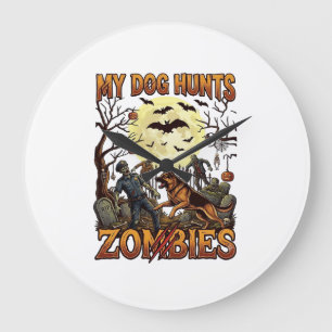 Hund jagt Zombies Halloween Deutscher Schäferhund Große Wanduhr