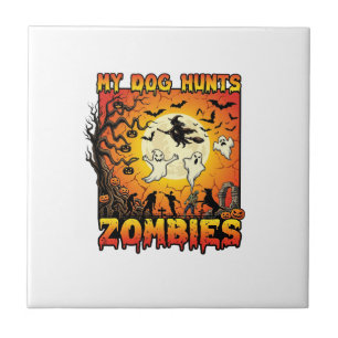 Hund jagt Zombies Halloween Geister Hexe Mond Fliese