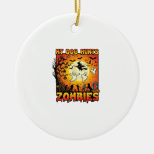 Hund jagt Zombies Halloween Geister Hexe Mond Keramik Ornament