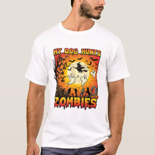 Hund jagt Zombies Halloween Geister Hexe Mond T-Shirt
