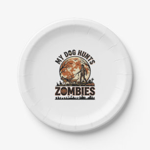 Hund jagt Zombies Vintage Halloween Vektor Design_ Pappteller