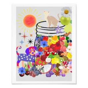 Hund, Katze, Obst und Blume Fotodruck