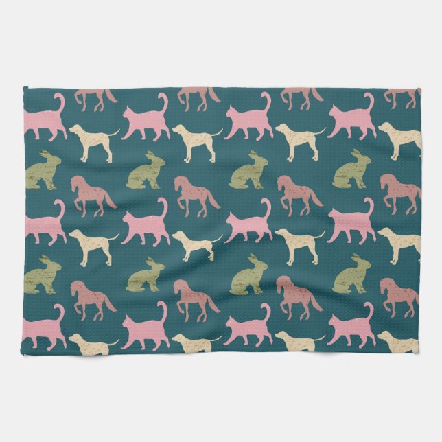 Hund Katze Pferd Tier Silhouetten Muster Geschirrtuch (Horizontal)