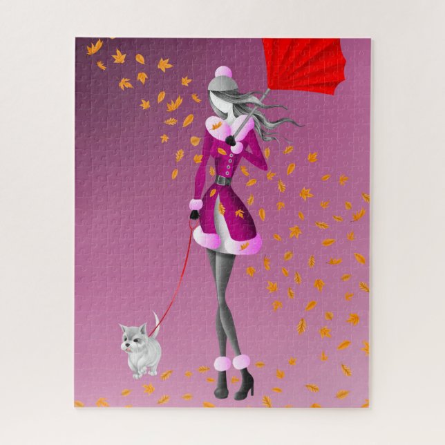 Hund & Lady Herbst Blätter Pink Jigsaw Puzzle (Vertikal)