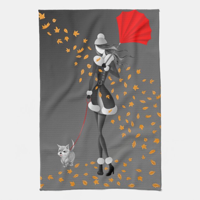 Hund & Lady Herbst Blätter schwarzes Teetuch Geschirrtuch (Vertikal)