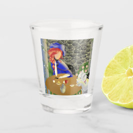 Hund & Lady im Café bei Sonnenuntergang Schnapsglas