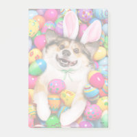 Hund liegt auf Ostereiern