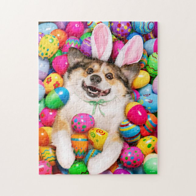 Hund liegt auf Ostereiern Puzzle (Vertikal)