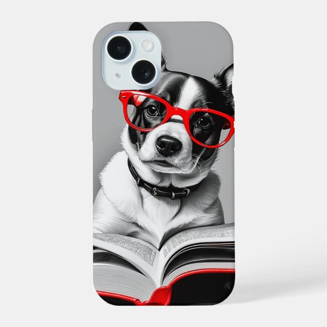 Hund liest Buch iPhone 15 Hülle (Rückseite)
