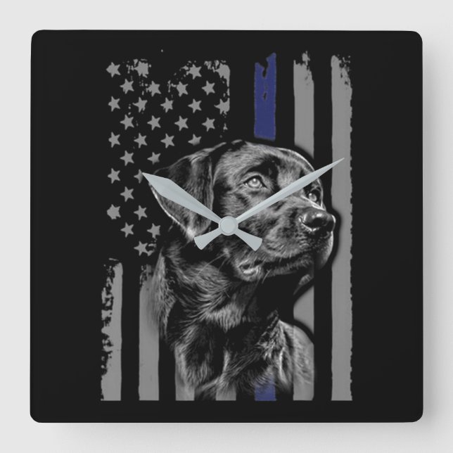 Hund Lover | Black Labrador American Flag Thin Lin Quadratische Wanduhr (Vorderseite)