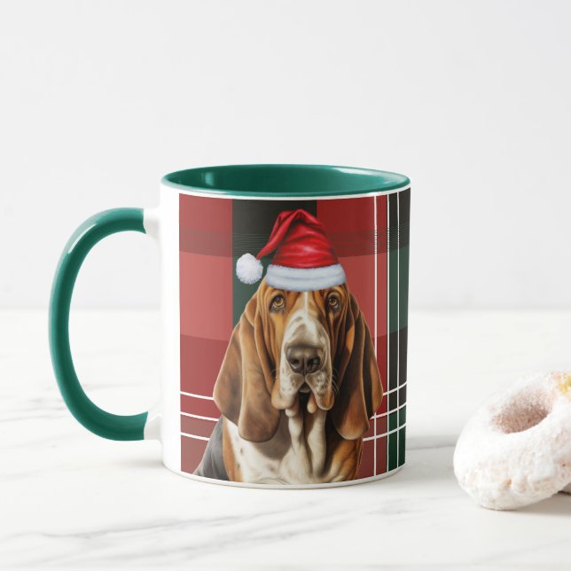 Hund Lover's Red Green Kariert Basset Holiday Tasse (Mit Donut)