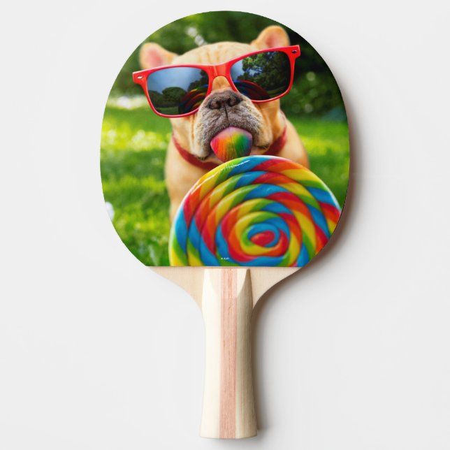 Hund mit Big Lollipop Tischtennis Schläger (Vorderseite)