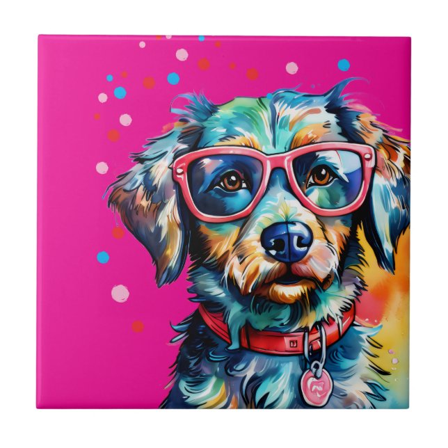 Hund mit Brille Fliese (Vorderseite)