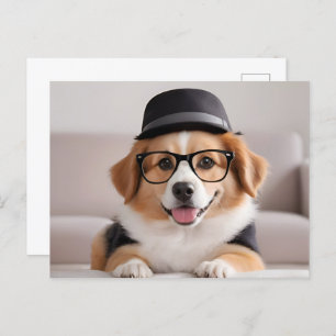 Hund mit Brille und Hut Postkarte