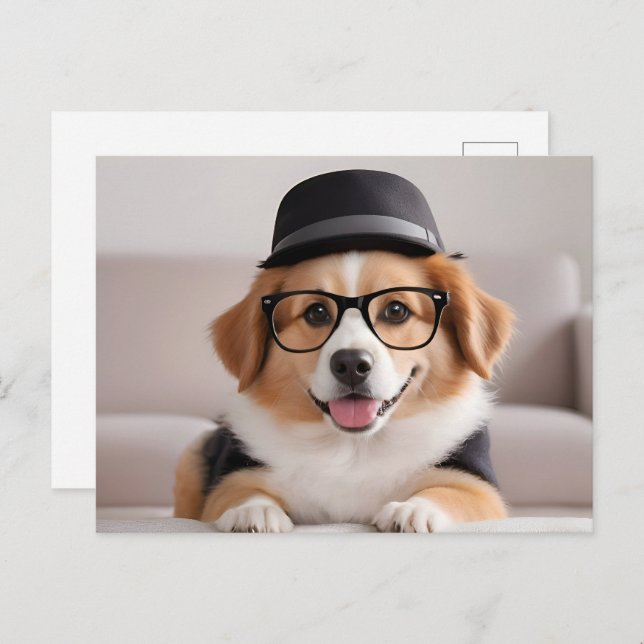 Hund mit Brille und Hut Postkarte (Vorne/Hinten)