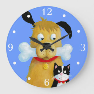 Hund mit dem Knochen und Katze - Wanduhr