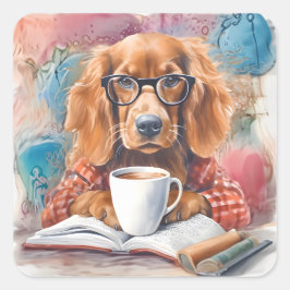 Hund mit einer Tasse heißer Schokolade Quadratischer Aufkleber