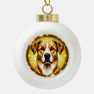 Hund mit goldenem Hintergrund Keramik Kugel-Ornament
