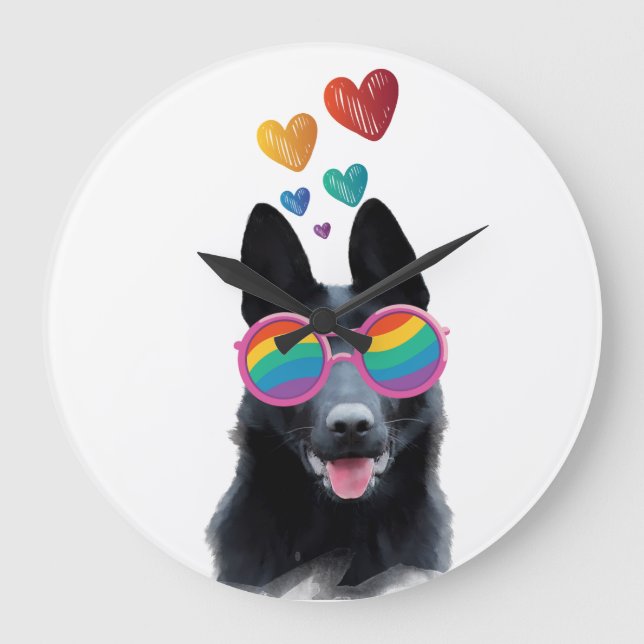 Hund mit Herz-Valentinstag Große Wanduhr (Vorderseite)
