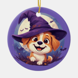 Hund mit Hexenhut Keramik Ornament